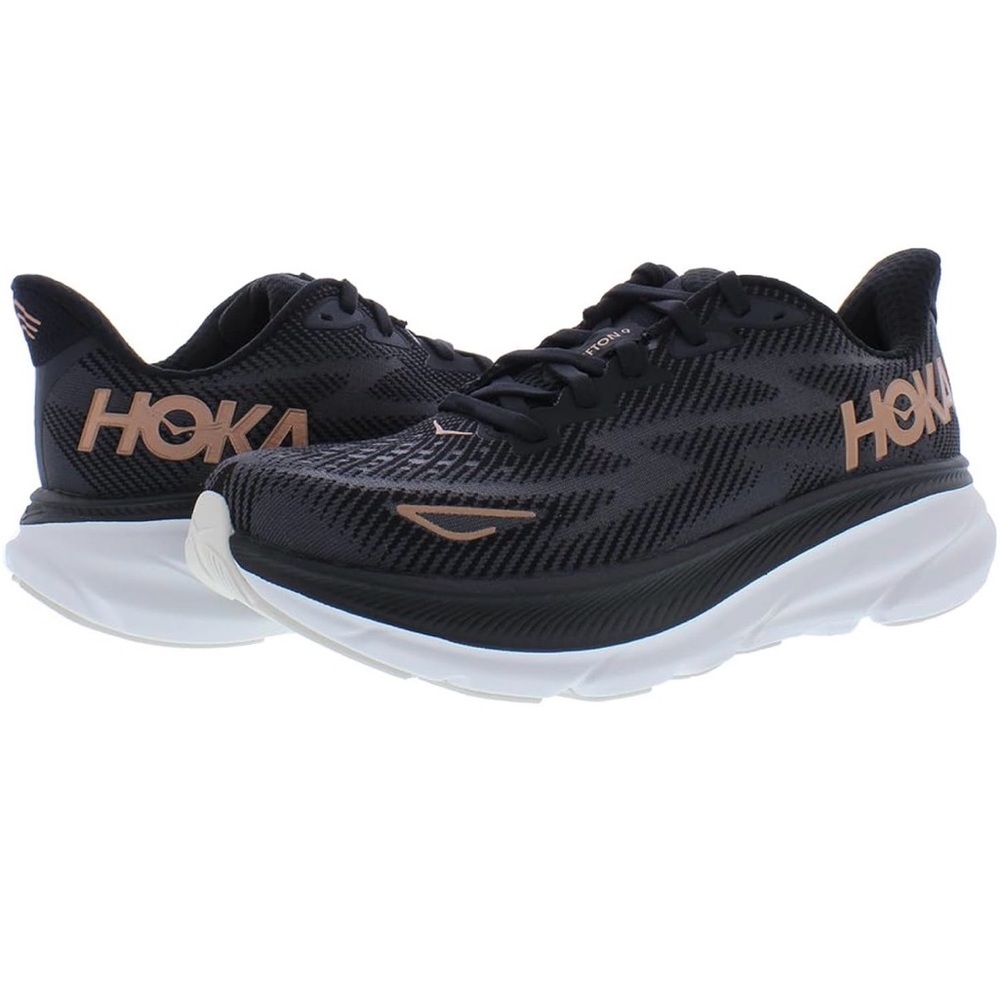 Hoka Clifton 9 running shoes in the Black/Rose Gold colorway